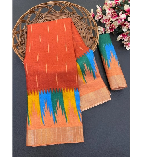 Women's Cotton Blend Printed Saree With Unstitched Blouse (Red, 5-5 Mtrs)