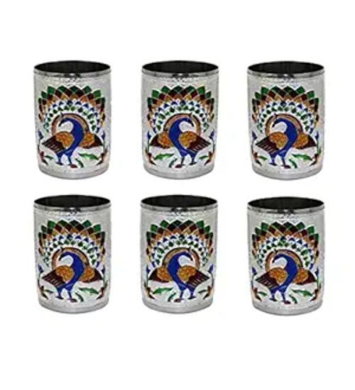 Steel Meenakari Peacock Design Decorative Glass Set (Silver)