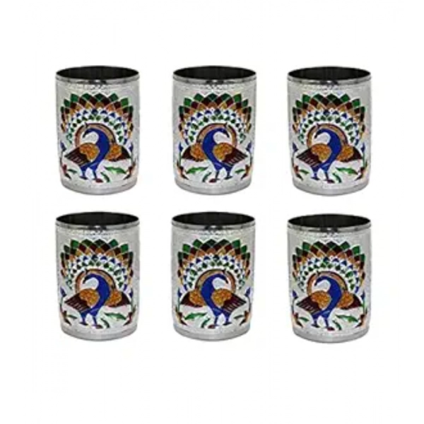 Dropship Steel Meenakari Peacock Design Decorative Glass Set (Silver)
