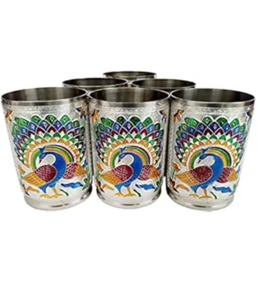 Steel Meenakari Peacock Design Decorative Glass Set (Silver)