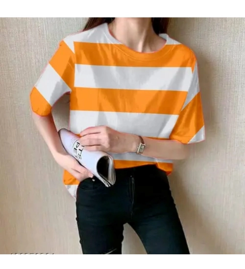 Women's Lycra Striped Round Neck Short Sleeve T-Shirt (White-Orange)