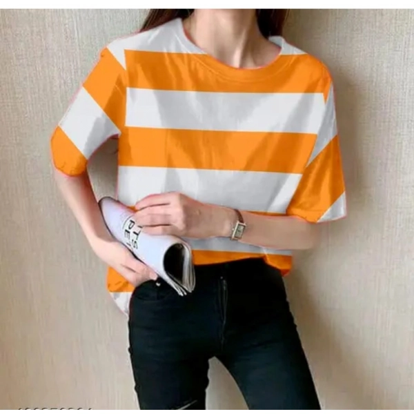 Dropship Women's Lycra Striped Round Neck Short Sleeve T-Shirt (White-Orange)