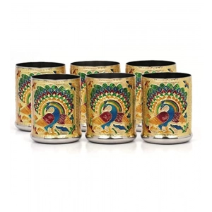 Generic Steel Meenakari Peacock Design Decorative Glass Set (Gold)