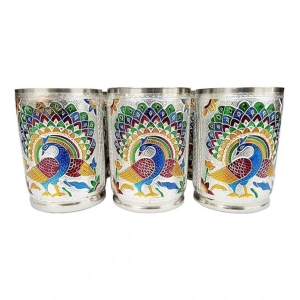 Generic Steel Meenakari Peacock Design Decorative Glass Set (Silver)