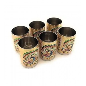 Generic Steel Meenakari Peacock Design Decorative Glass Set (Gold)