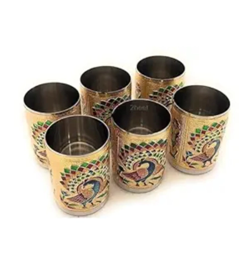 Steel Meenakari Peacock Design Decorative Glass Set (Gold)
