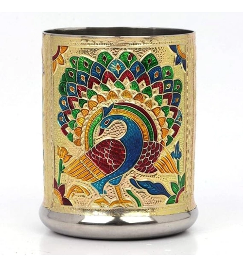 Steel Meenakari Peacock Design Decorative Glass Set (Gold)