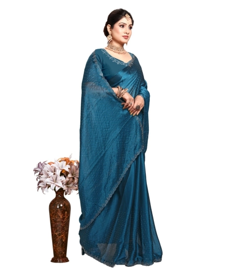 Women's Georgette Satin Silk Saree With Unstitched Blouse 5.5Mtr (Blue)