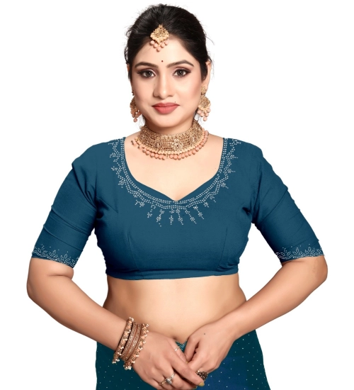 Women's Georgette Satin Silk Saree With Unstitched Blouse 5.5Mtr (Blue)