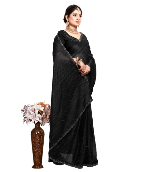 Women's Georgette Satin Silk Saree With Unstitched Blouse 5.5Mtr (Black)