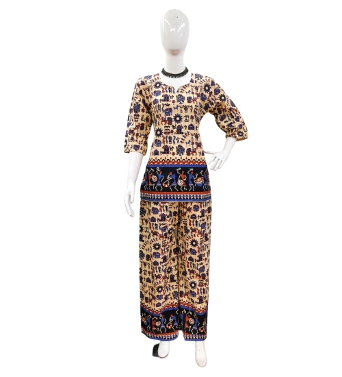 Women's Cotton Jaipuri Printed 3-4th Sleeve Co ord Set (Multicolor)