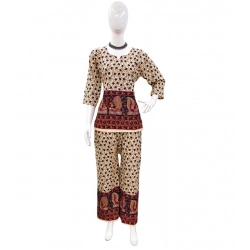 Women's Cotton Jaipuri Printed 3-4th Sleeve Co ord Set (Multicolor)