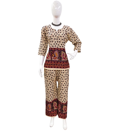 Women's Cotton Jaipuri Printed 3-4th Sleeve Co ord Set (Multicolor)