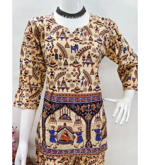 Women's Cotton Jaipuri Printed 3-4th Sleeve Co ord Set (Multicolor)