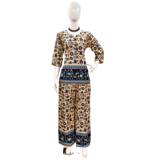 Women's Cotton Jaipuri Printed 3-4th Sleeve Co ord Set (Multicolor)