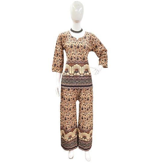 Women's Cotton Jaipuri Printed 3-4th Sleeve Co ord Set (Multicolor)