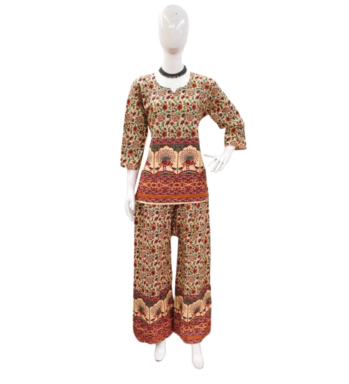 Women's Cotton Jaipuri Printed 3-4th Sleeve Co ord Set (Multicolor)