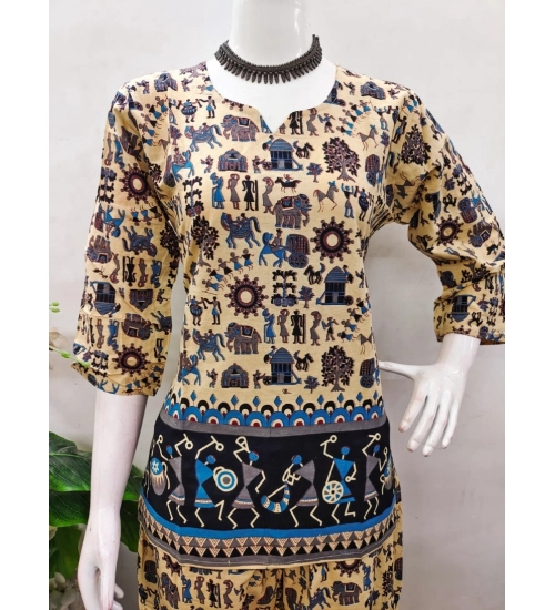 Women's Cotton Jaipuri Printed 3-4th Sleeve Co ord Set (Multicolor)