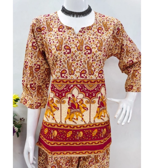 Women's Cotton Jaipuri Printed 3-4th Sleeve Co ord Set (Multicolor)