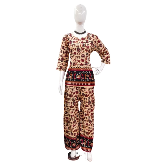 Women's Cotton Jaipuri Printed 3-4th Sleeve Co ord Set (Multicolor)