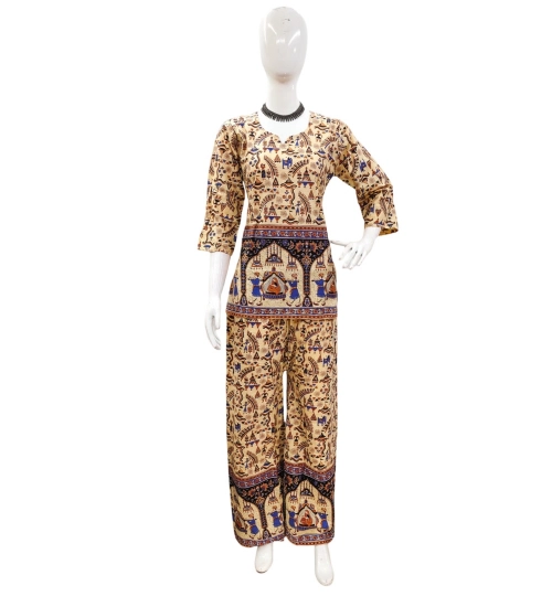 Women's Cotton Jaipuri Printed 3-4th Sleeve Co ord Set (Multicolor)