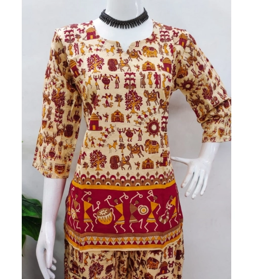 Women's Cotton Jaipuri Printed 3-4th Sleeve Co ord Set (Multicolor)