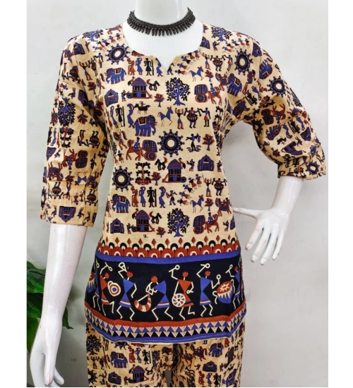 Women's Cotton Jaipuri Printed 3-4th Sleeve Co ord Set (Multicolor)