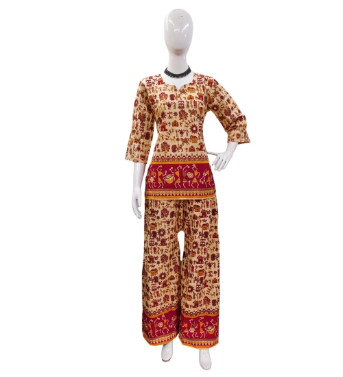 Women's Cotton Jaipuri Printed 3-4th Sleeve Co ord Set (Multicolor)