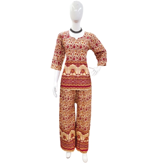 Women's Cotton Jaipuri Printed 3-4th Sleeve Co ord Set (Multicolor)