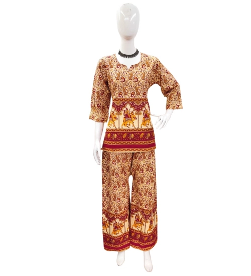 Women's Cotton Jaipuri Printed 3-4th Sleeve Co ord Set (Multicolor)