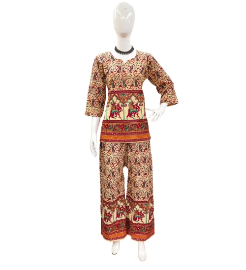 Women's Cotton Jaipuri Printed 3-4th Sleeve Co ord Set (Multicolor)