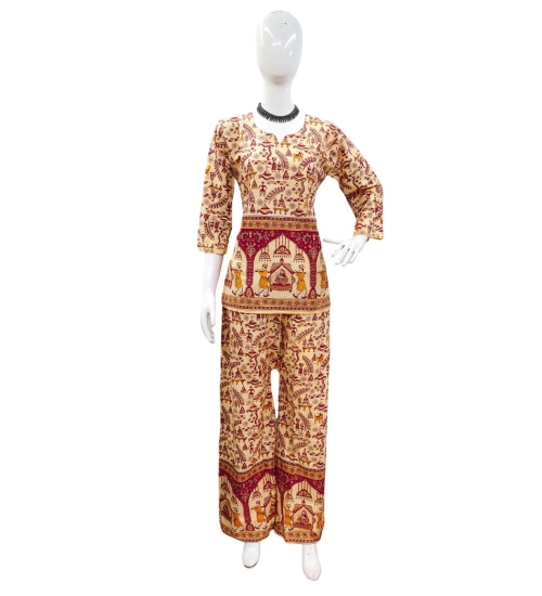 Women's Cotton Jaipuri Printed 3-4th Sleeve Co ord Set (Multicolor)