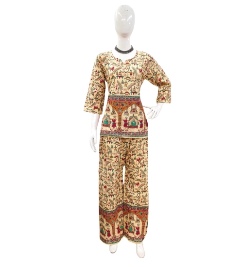Women's Cotton Jaipuri Printed 3-4th Sleeve Co ord Set (Multicolor)