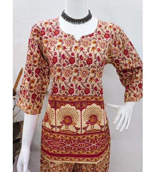 Women's Cotton Jaipuri Printed 3-4th Sleeve Co ord Set (Multicolor)