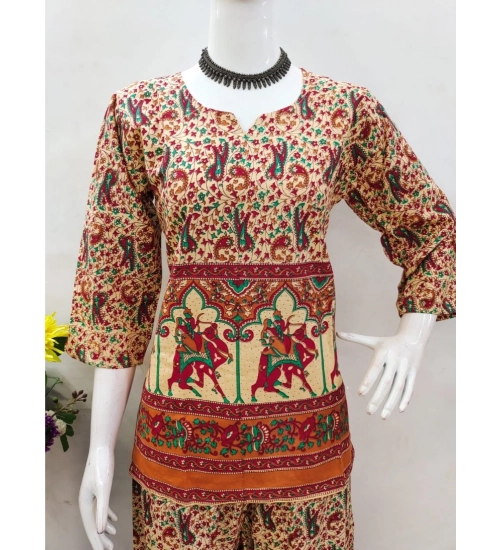 Women's Cotton Jaipuri Printed 3-4th Sleeve Co ord Set (Multicolor)
