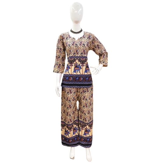 Women's Cotton Jaipuri Printed 3-4th Sleeve Co ord Set (Multicolor)