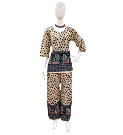 Women's Cotton Jaipuri Printed 3-4th Sleeve Co ord Set (Multicolor)