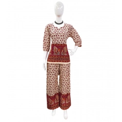 Women's Cotton Jaipuri Printed 3-4th Sleeve Co ord Set (Multicolor)