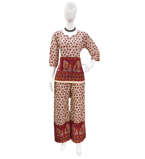 Women's Cotton Jaipuri Printed 3-4th Sleeve Co ord Set (Multicolor)
