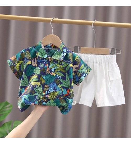 Kid's Lycra Printed Casual wear Shirt And Shorts Set (Blue)