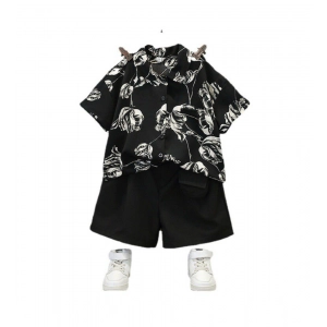 Generic Kid's Lycra Printed Casual wear Shirt And Shorts Set (Black)