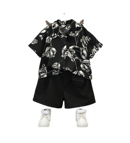 Kid's Lycra Printed Casual wear Shirt And Shorts Set (Black)