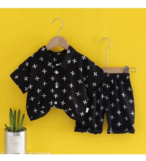 Kid's Lycra Printed Casual wear Shirt And Shorts Set (Black)