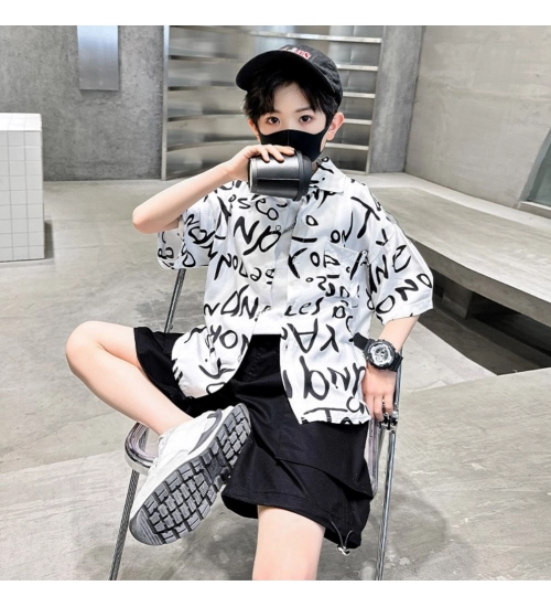 Kid's Lycra Printed Casual wear Shirt And Shorts Set (White)