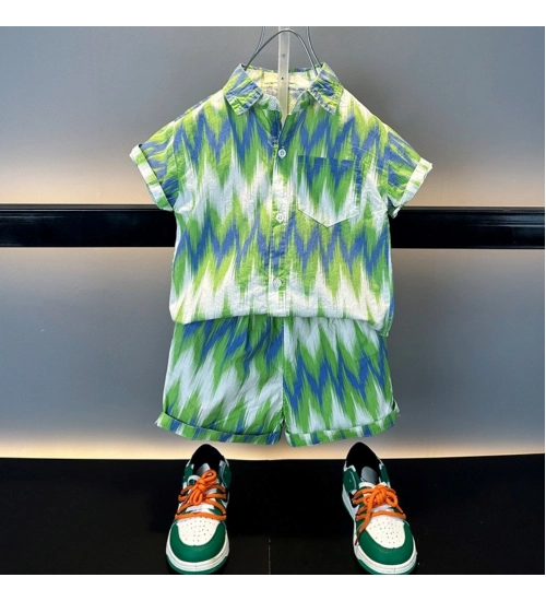 Kid's Lycra Printed Casual wear Shirt And Shorts Set (Green)