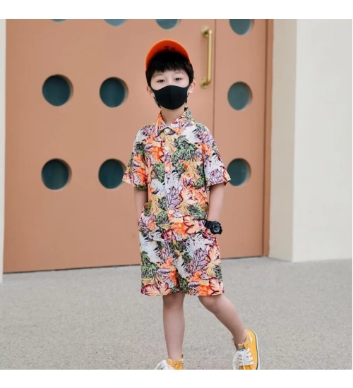 Kid's Lycra Printed Casual wear Shirt And Shorts Set (Orange)