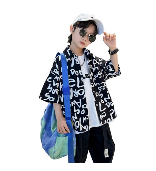 Kid's Lycra Printed Casual wear Shirt And Shorts Set (Black)