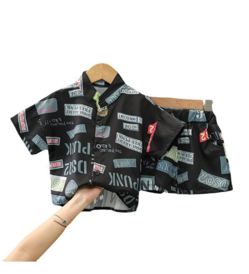 Kid's Lycra Printed Casual wear Shirt And Shorts Set (Black)