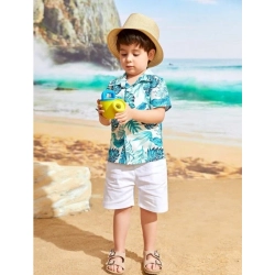 Kid's Lycra Printed Casual wear Shirt And Shorts Set (White-Blue)