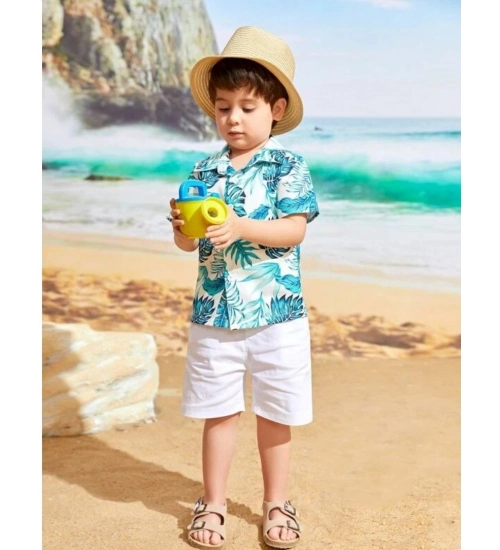 Kid's Lycra Printed Casual wear Shirt And Shorts Set (White-Blue)